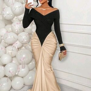 SHEIN Black and Cream Off-Shoulder Dress